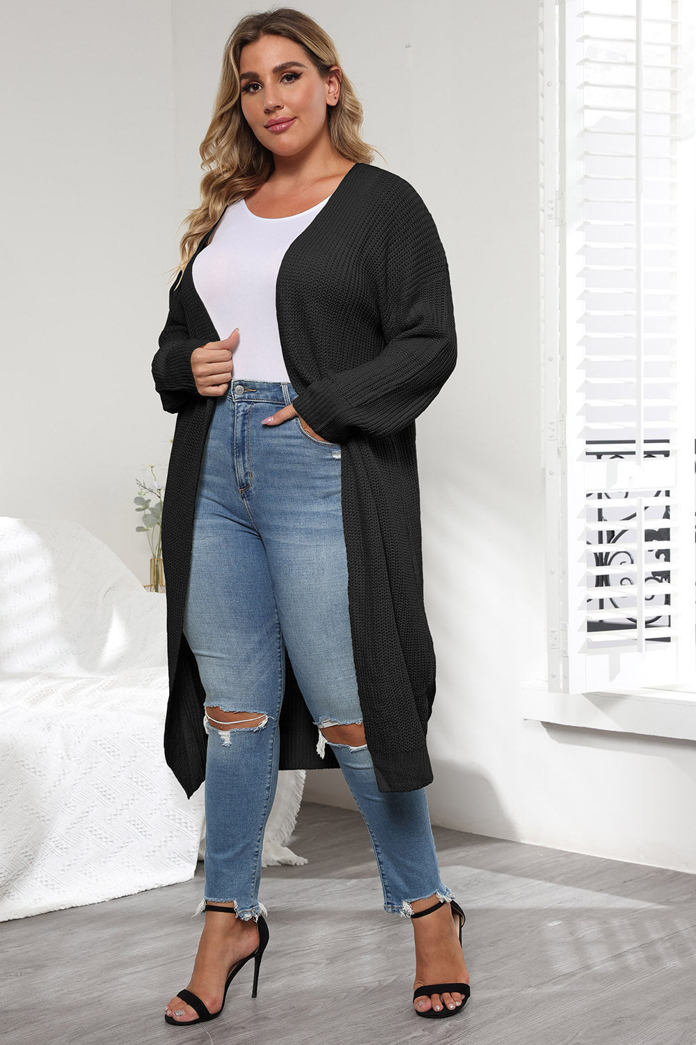 Plus Size Open Front Long Sleeve Cardigan 