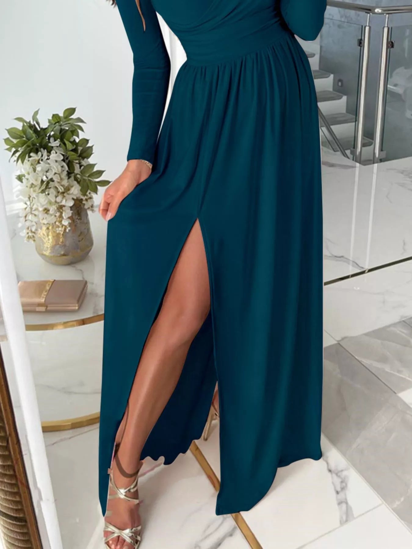Slit Surplice Cold Shoulder Maxi Dress 