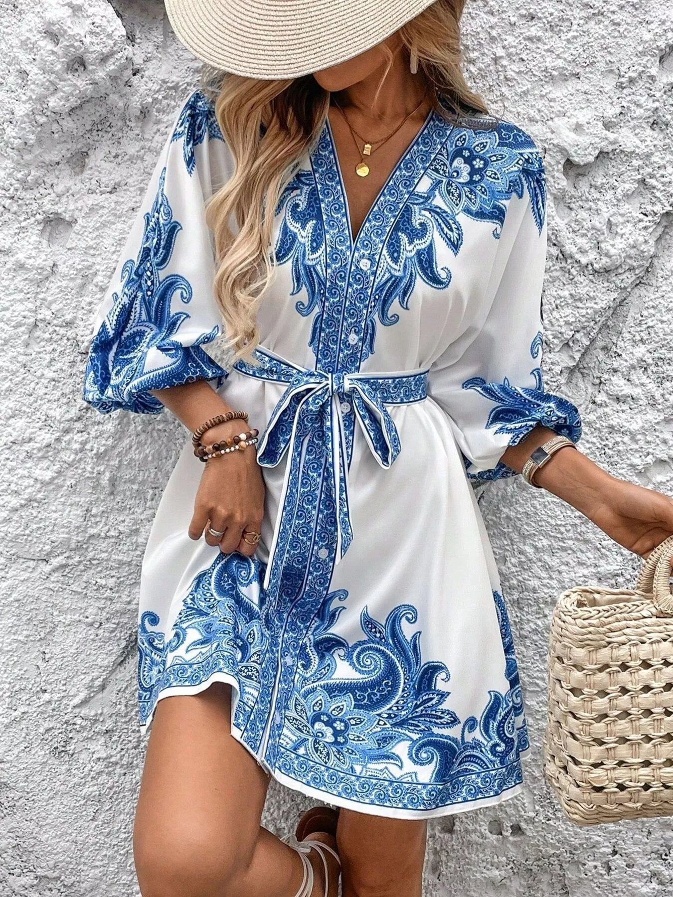 Printed Balloon Sleeve Mini Dress 