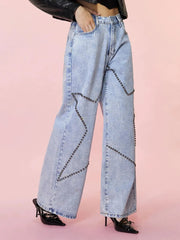 Studded Star Straight Jeans with Pockets 