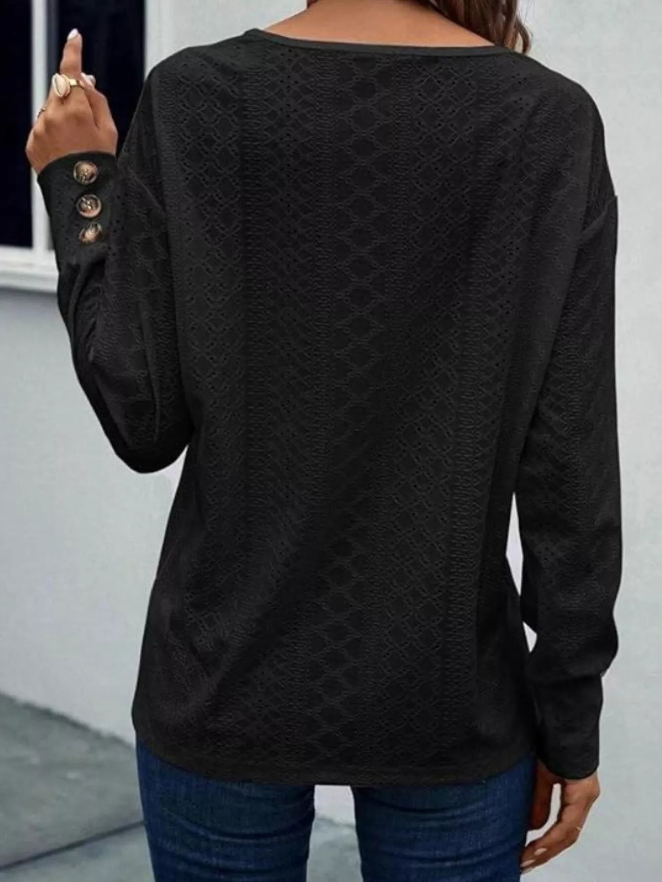Eyelet V-Neck Long Sleeve Blouse 