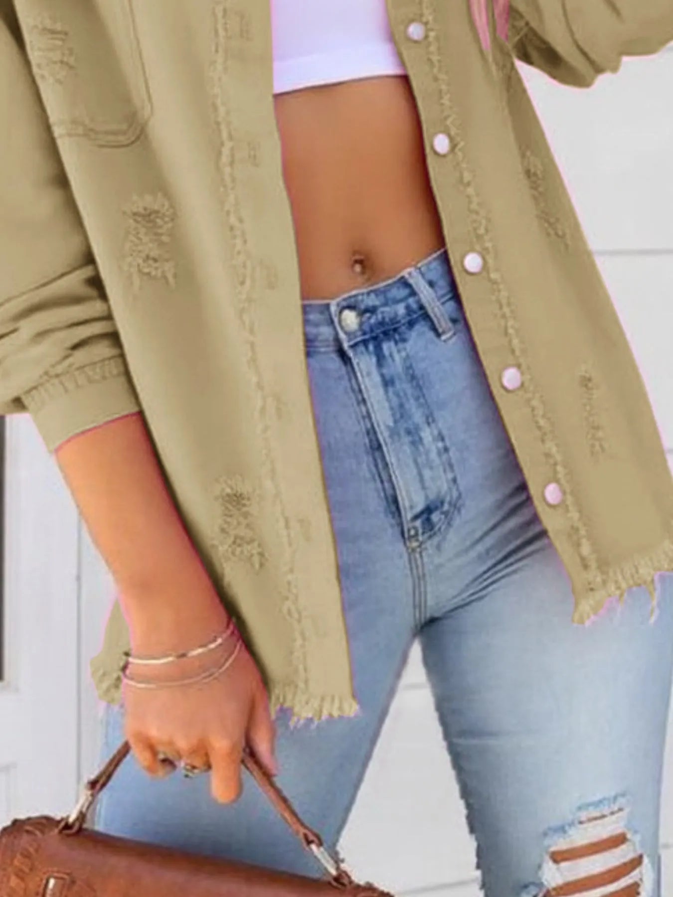 Distressed Denim Jacket with Frayed Edges 
