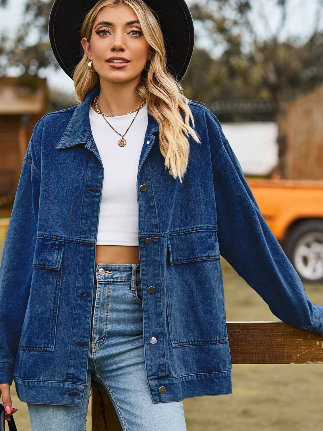 Dropped Shoulder Denim Jacket with Pockets 