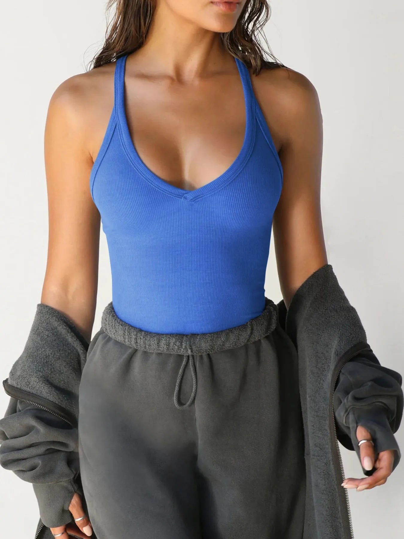 Ribbed V-Neck Halter Tank Top 