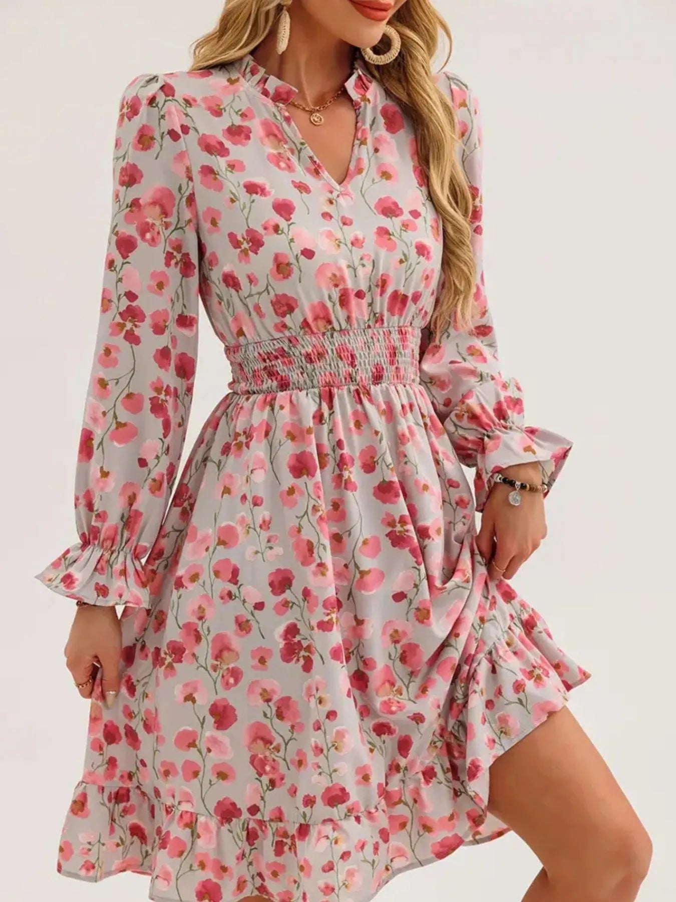 Floral Print Flounce Sleeve Ruffle Hem Dress 