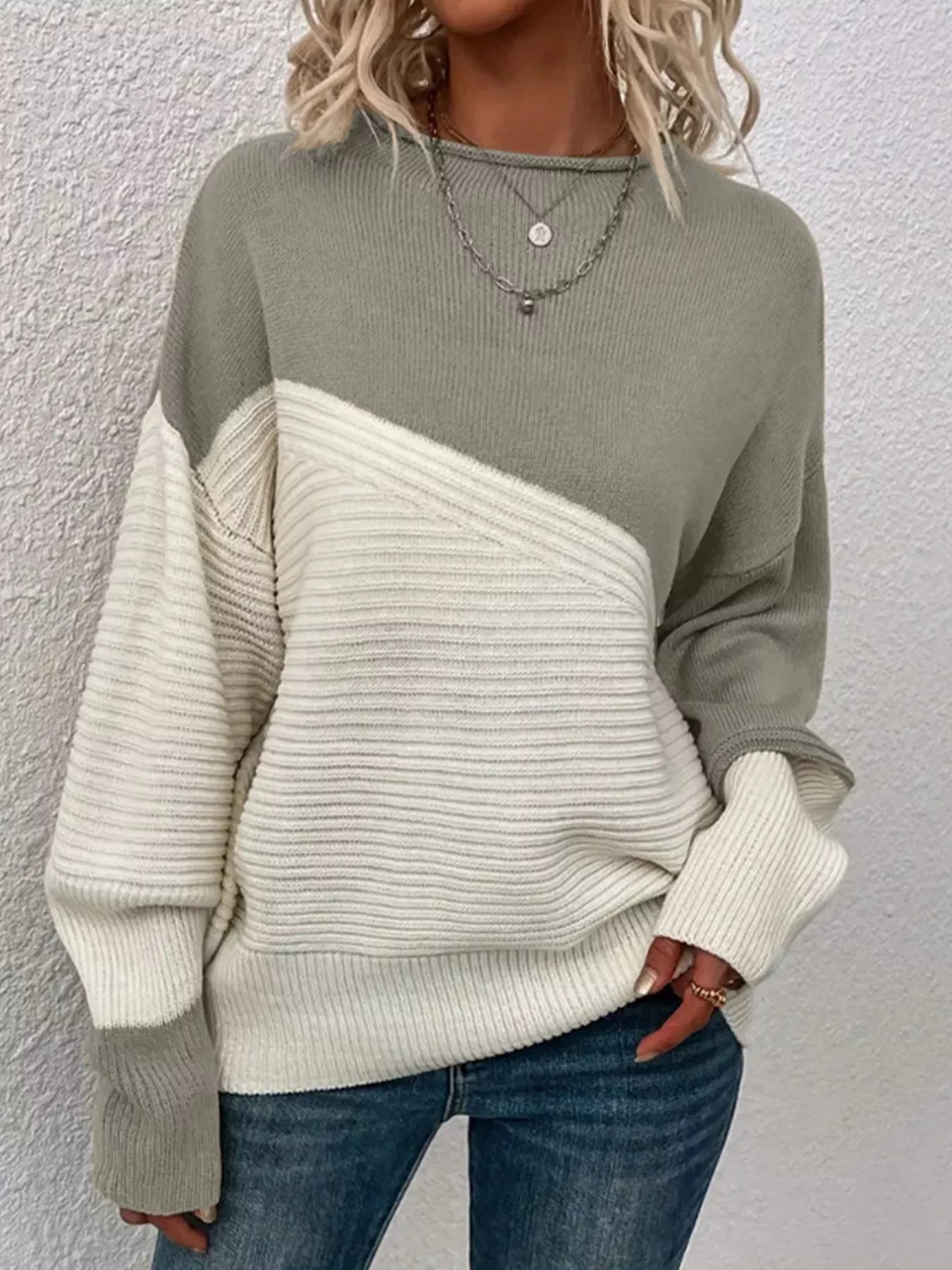 Color Block Ribbed Knit Sweater 