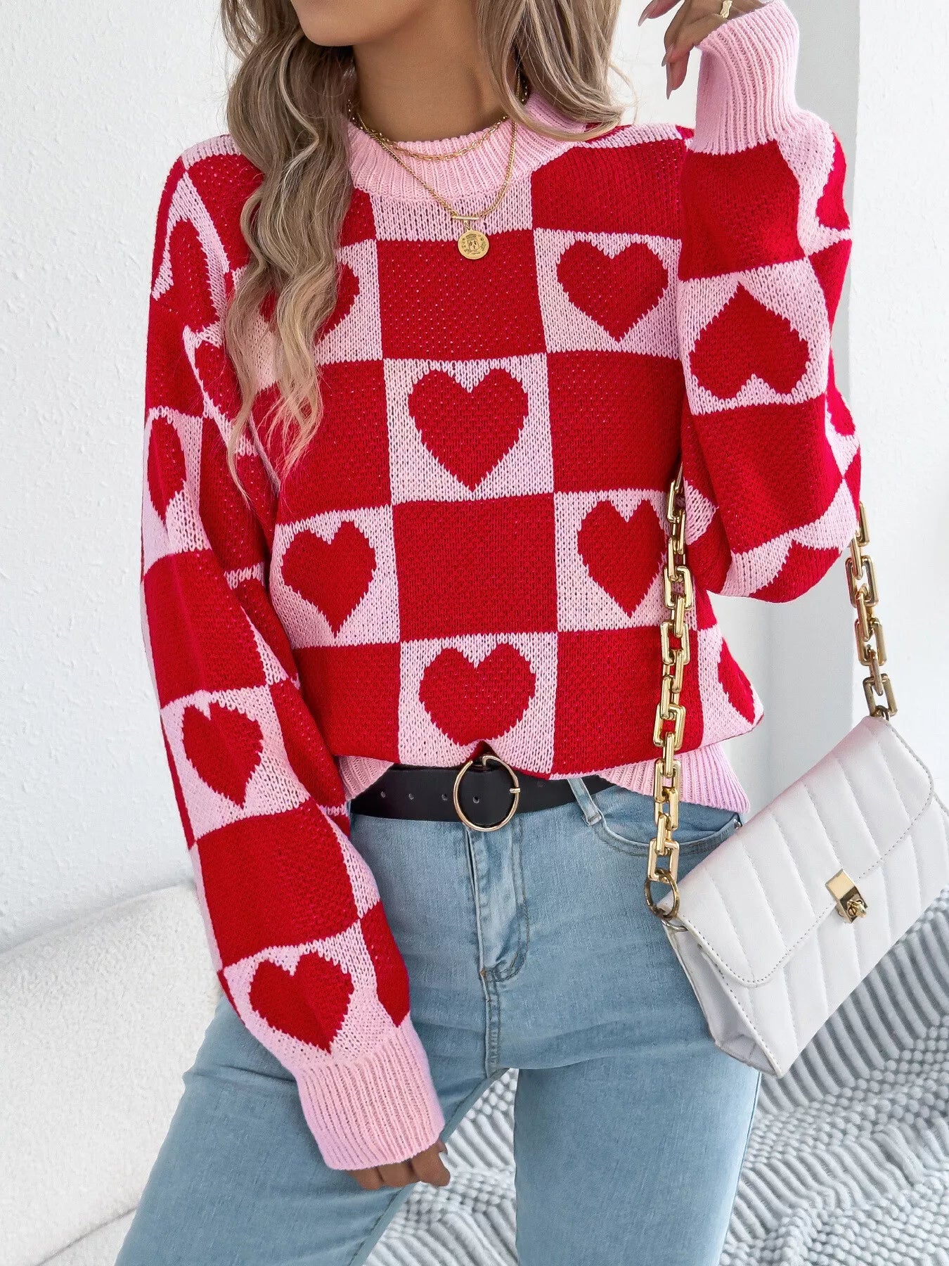 Heart Checkerboard Pattern Round Neck Sweater 