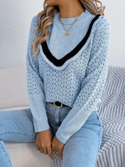 Hollow-Out Knit Top with Contrast Trim 