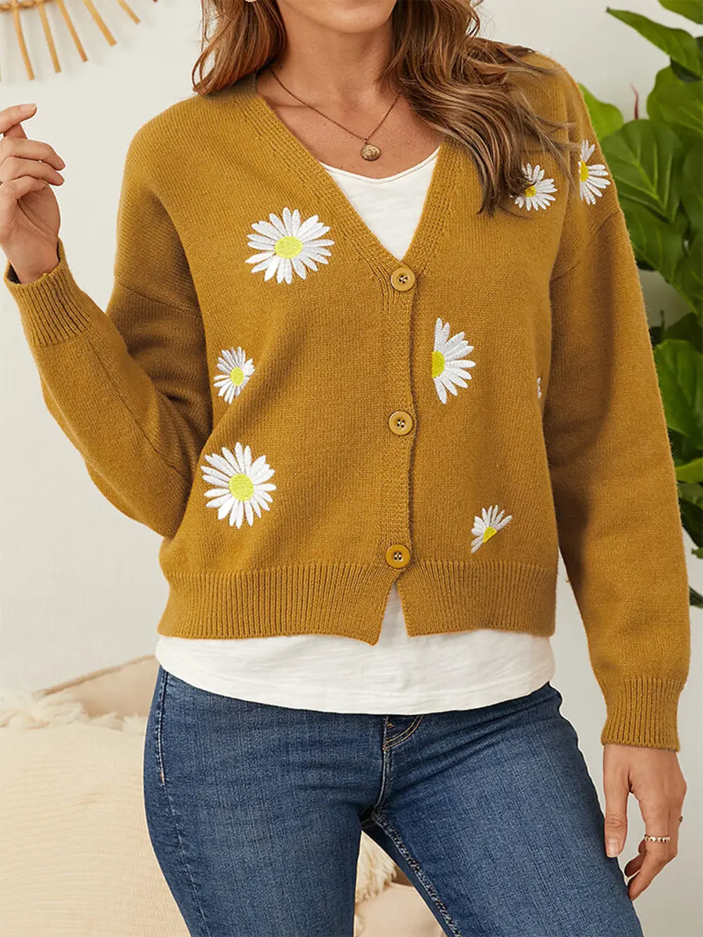 Flower Button Front Dropped Shoulder Cardigan 