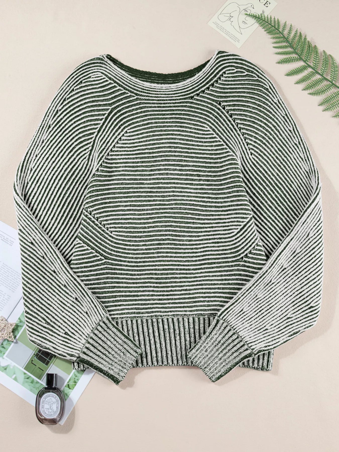 Striped Ribbed Knit Boat Neck Baggy Sweater 