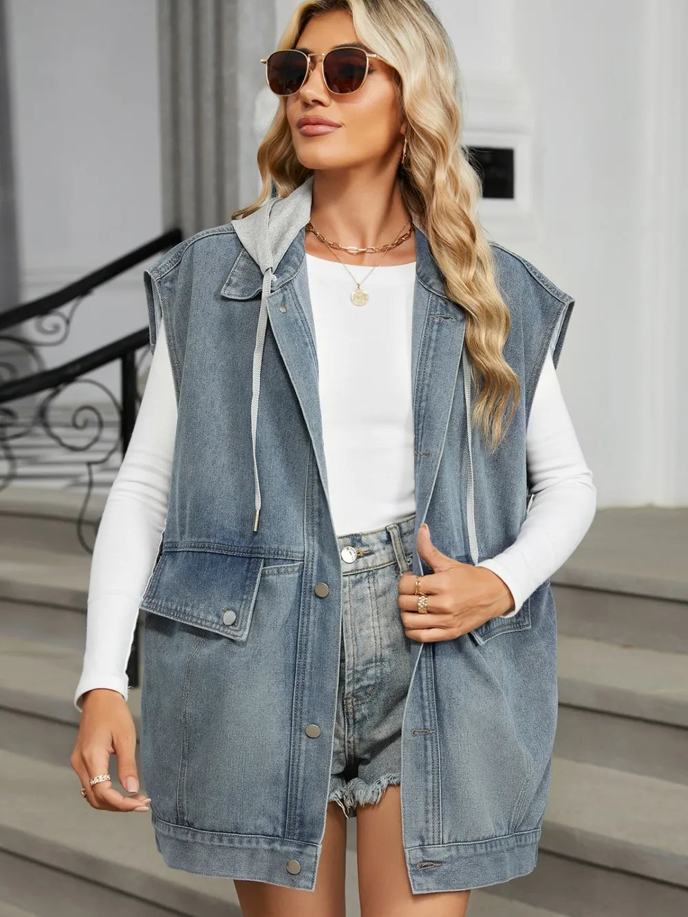 Removable Hood Button Up Cap Sleeve Denim Jacket 