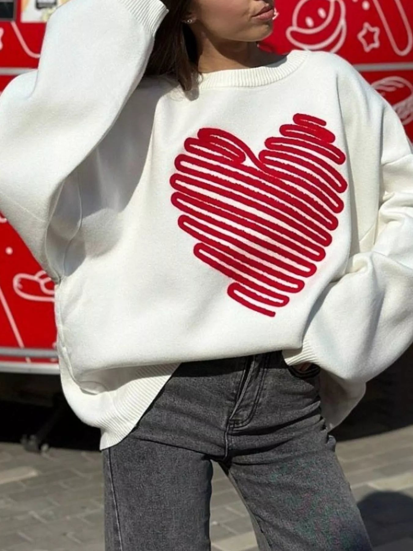 Heart Round Neck Oversized Sweater 
