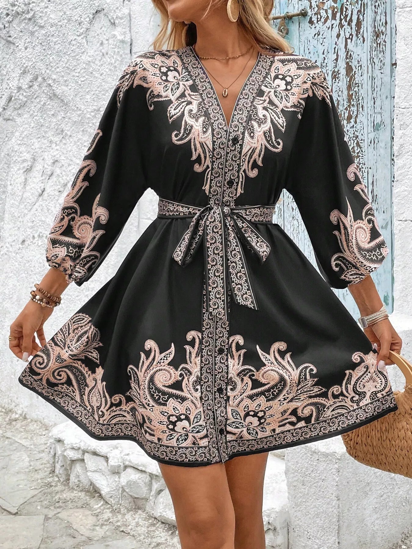Printed Balloon Sleeve Mini Dress 