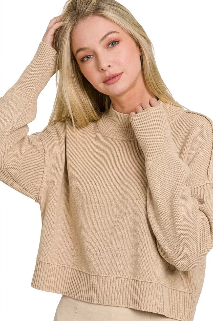 Zenana Side Slit Oversized Cropped Sweater 