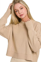 Zenana Side Slit Oversized Cropped Sweater 