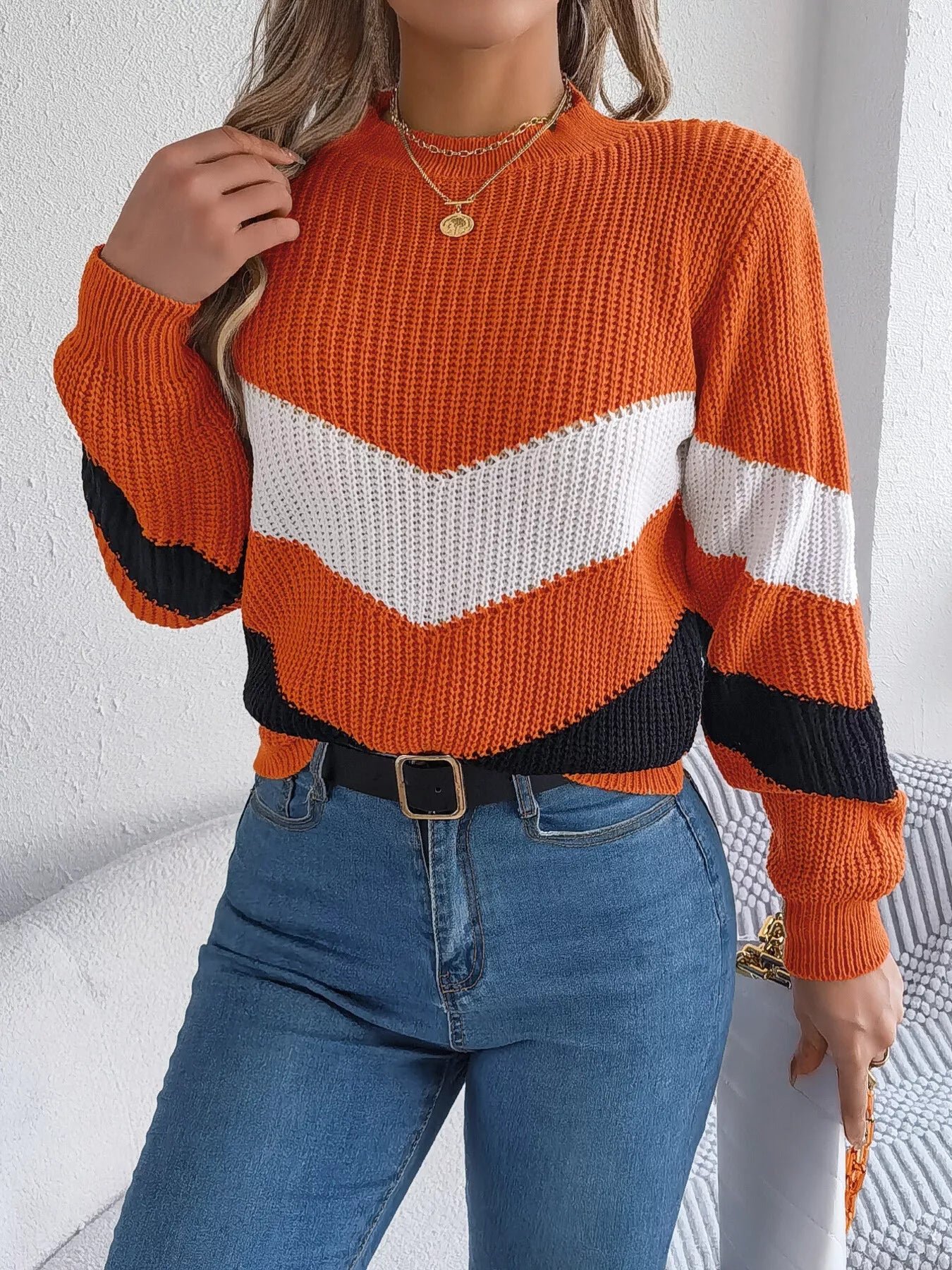 Chevron Stripe Color Block Round Neck Sweater 