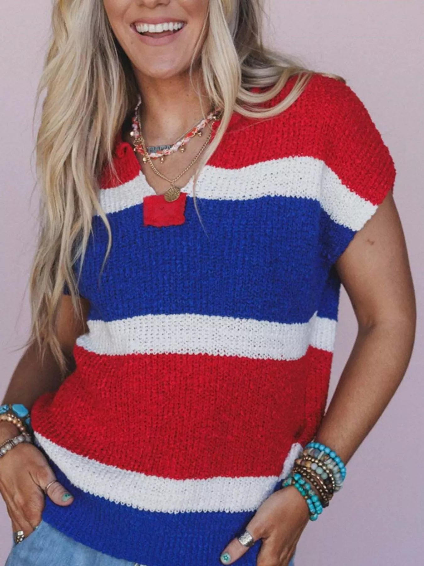 Striped Notched Short Sleeve Sweater 