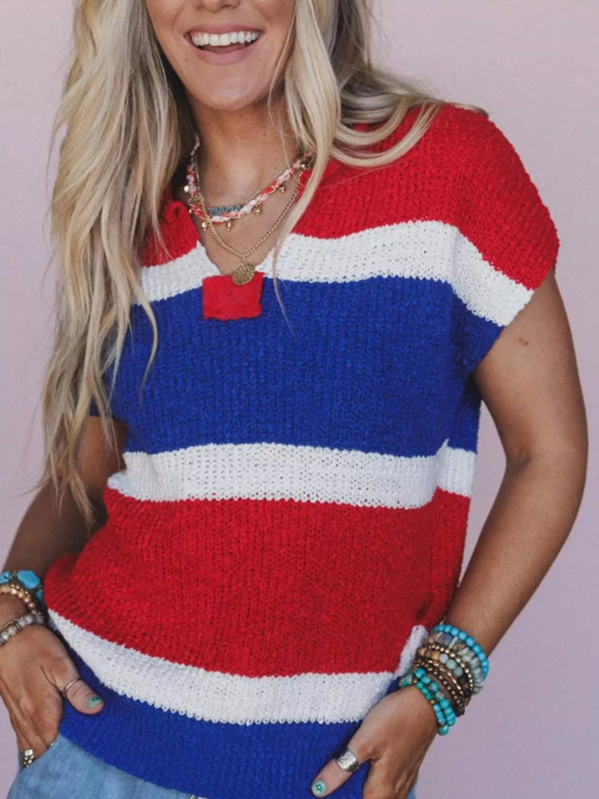 Striped Notched Short Sleeve Sweater 