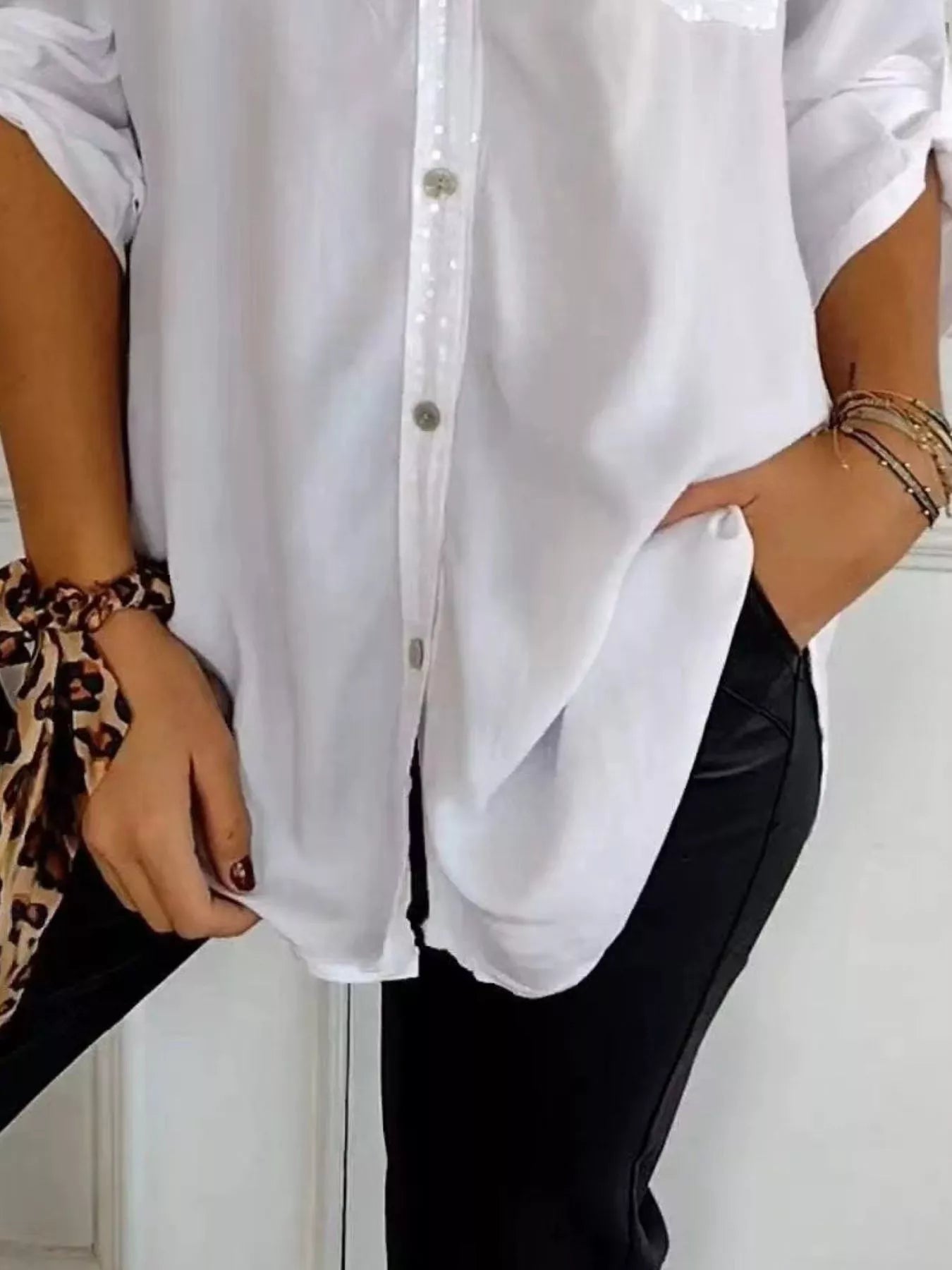 Full Size Sequin Detail Button-Down Shirt Plus Size 