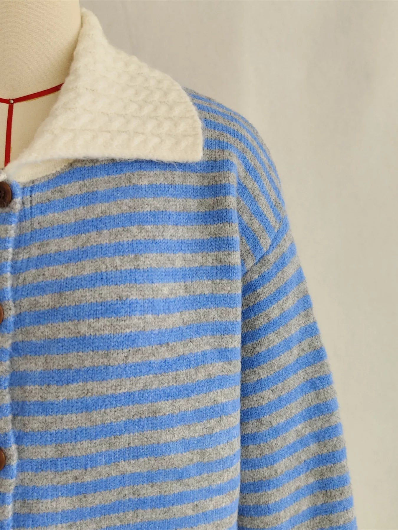Striped Knit Button Down Cardigan with Collar 