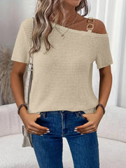 One-Shoulder Chain Detail Waffle Knit T-Shirt 