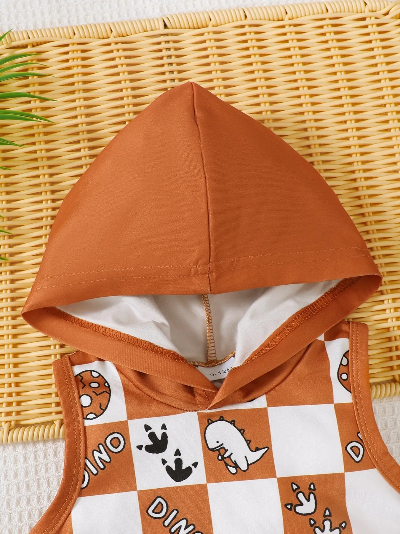 Children's Dinosaur Checkered Sleeveless Hooded Top and Shorts Set 