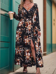 Perfee Slit Printed Surplice Long Sleeve Maxi Dress 