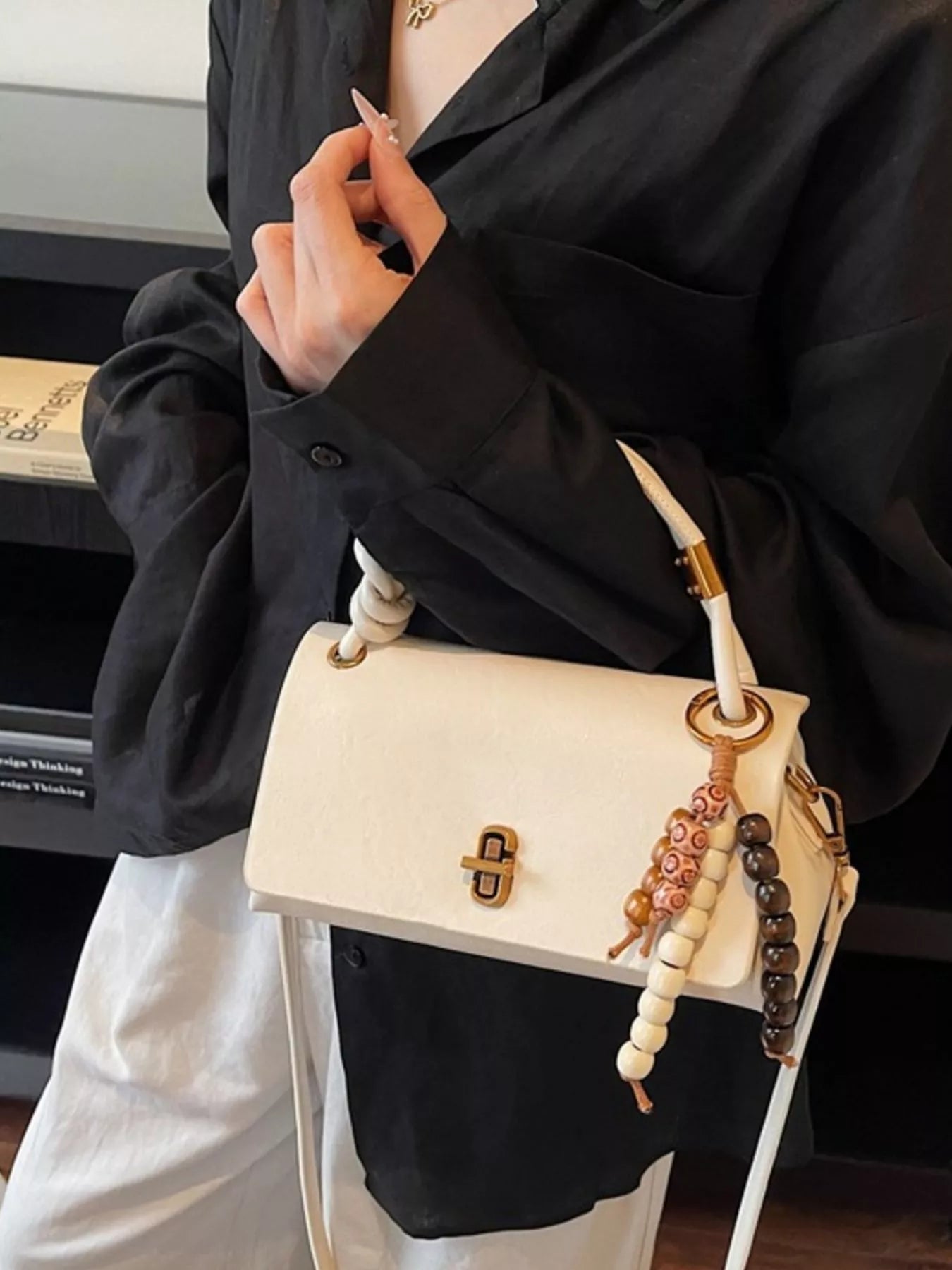 Leather Crossbody Bag with Bead Charm 