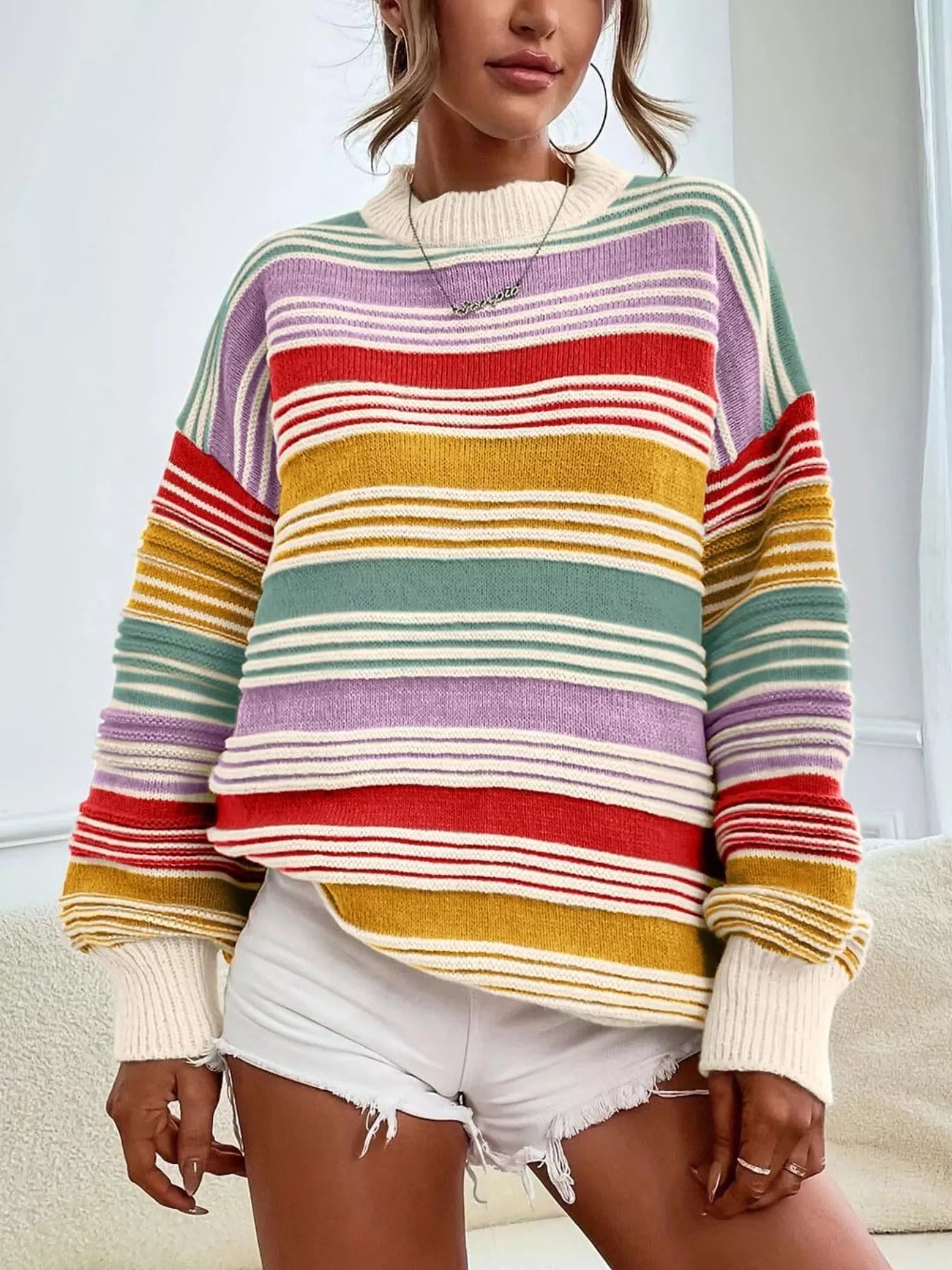 Rainbow Striped Drop Shoulder Oversized Sweater 