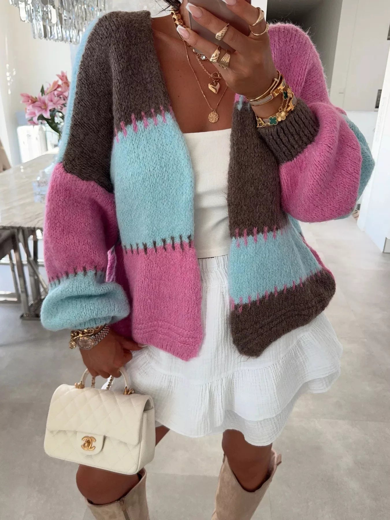 Color Block Open Front Cardigan 