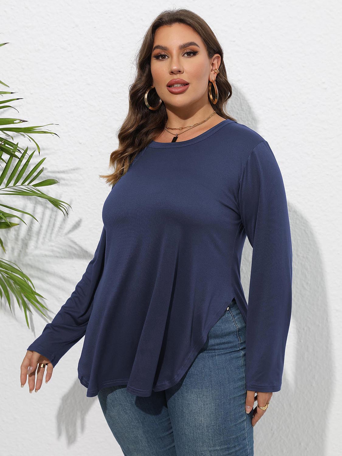 Plus Size Round Neck Long Sleeve Slit T-Shirt 