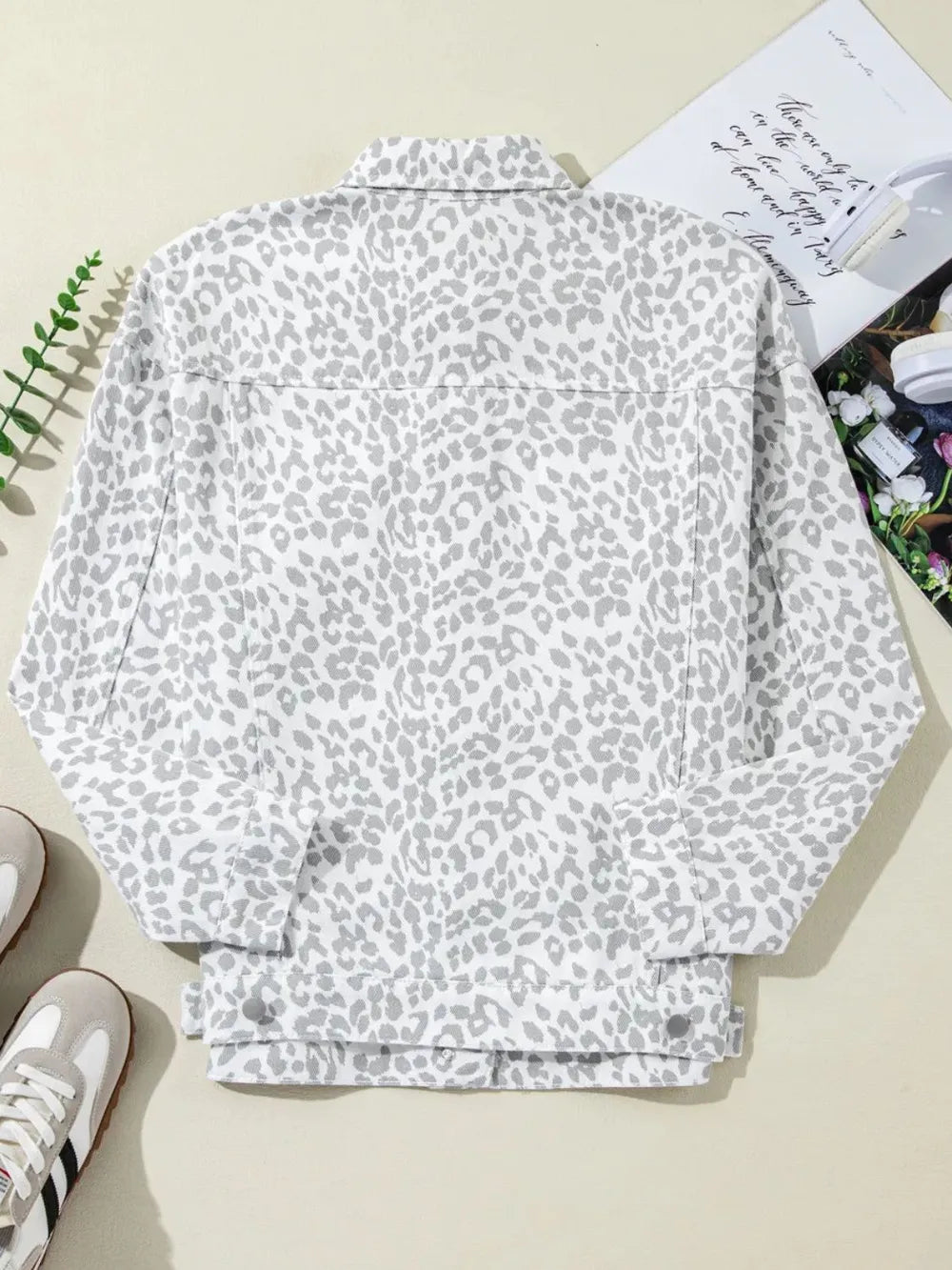Leopard Button Up Long Sleeve Denim Jacket 