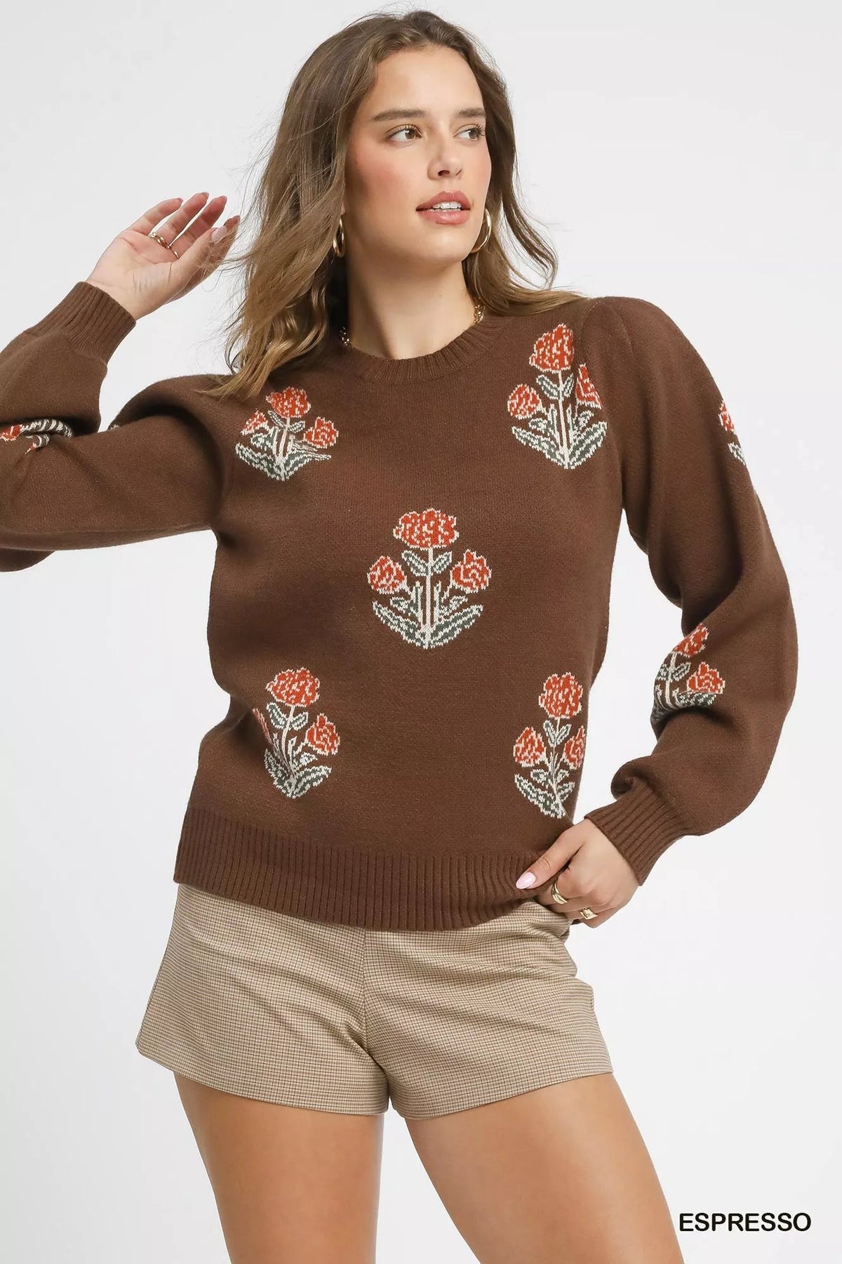Umgee Floral Knit Sweater with Puff Sleeves 