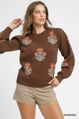 Umgee Floral Knit Sweater with Puff Sleeves 
