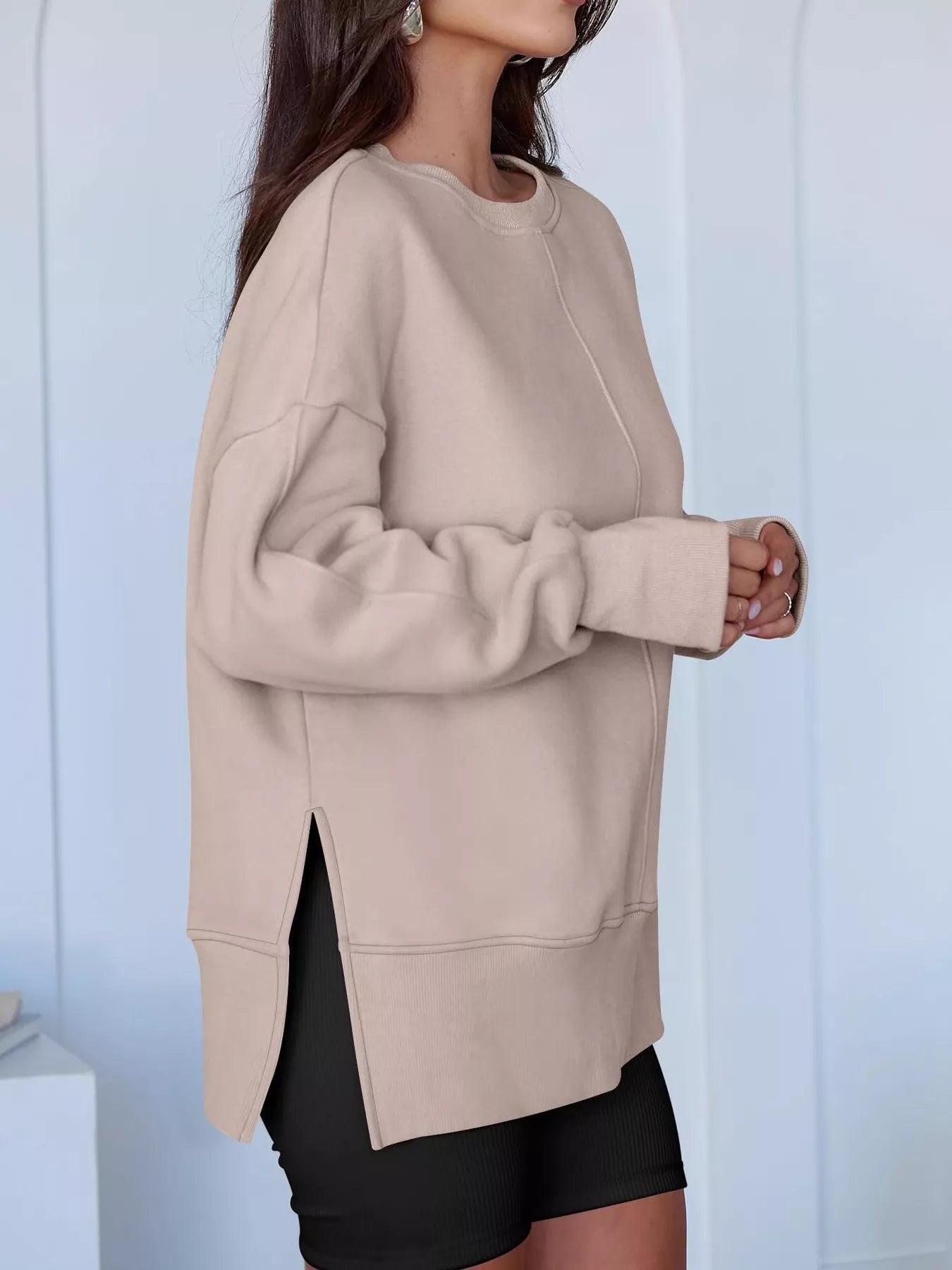 Side Slit Round Neck Long Sleeve Sweatshirt 