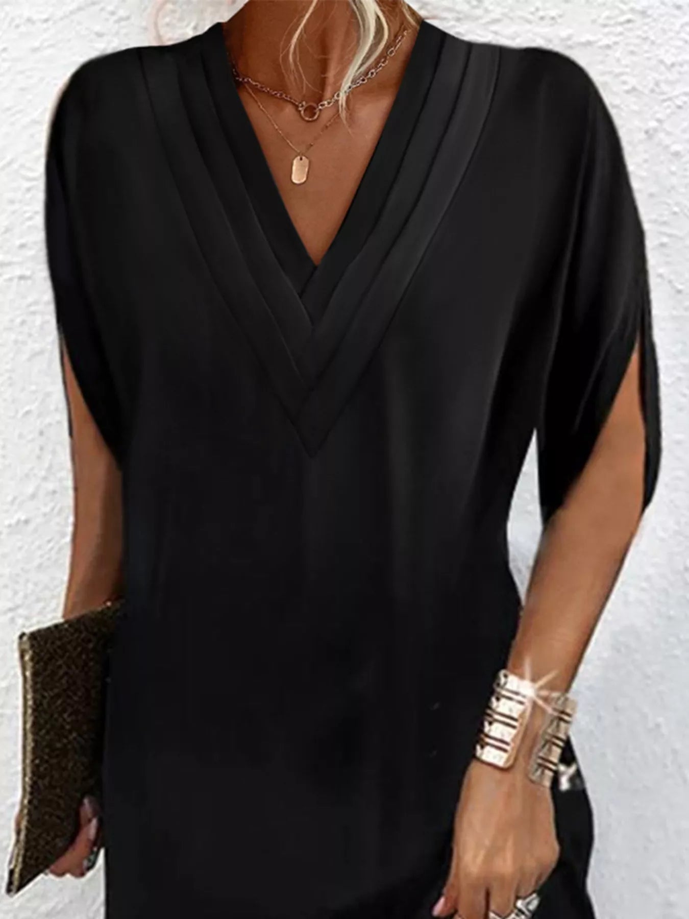 Full Size V-Neck Slit Sleeve Mini Dress Plus Size 