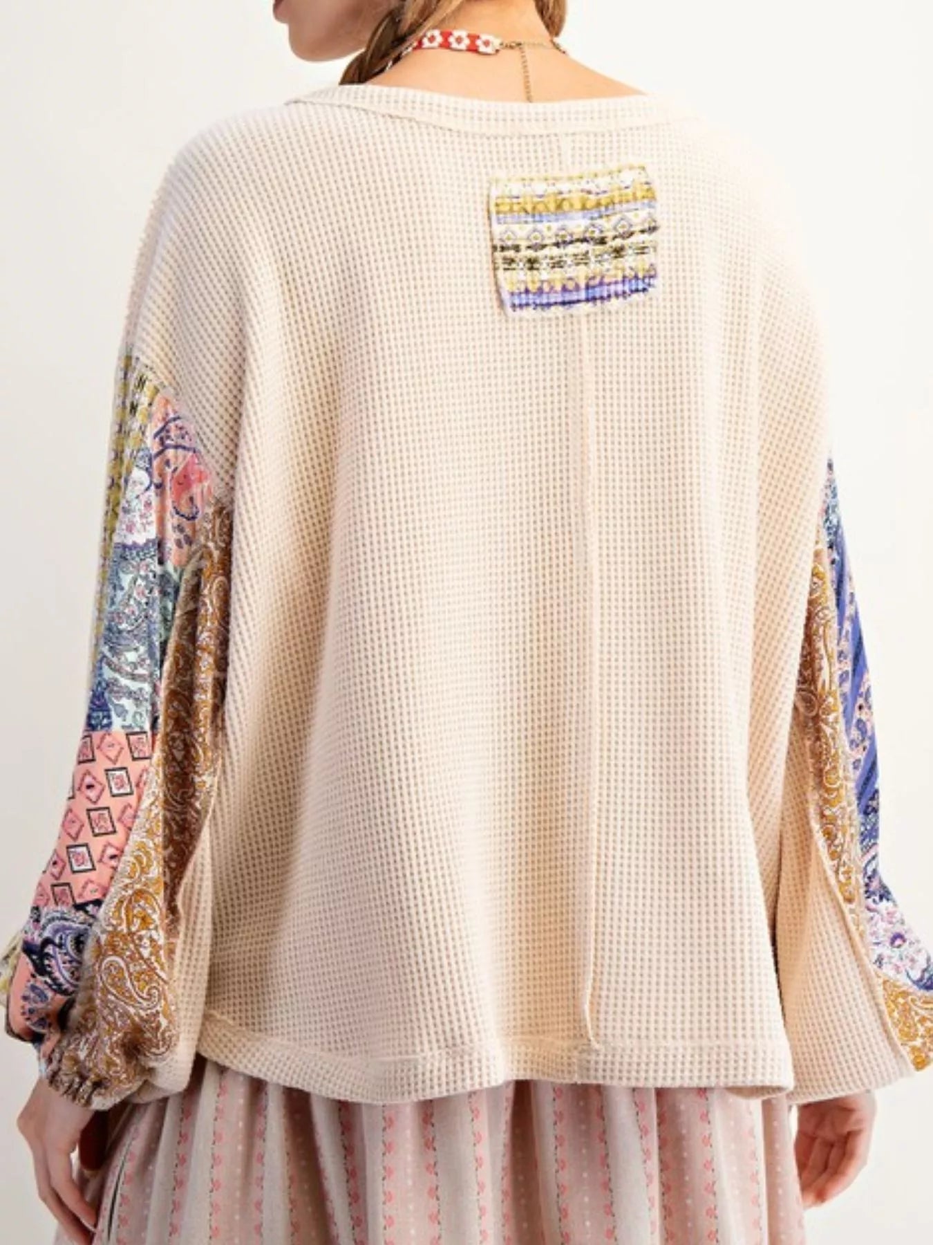 Waffle Knit Round Neck Dropped Shoulder Sweatshirt 