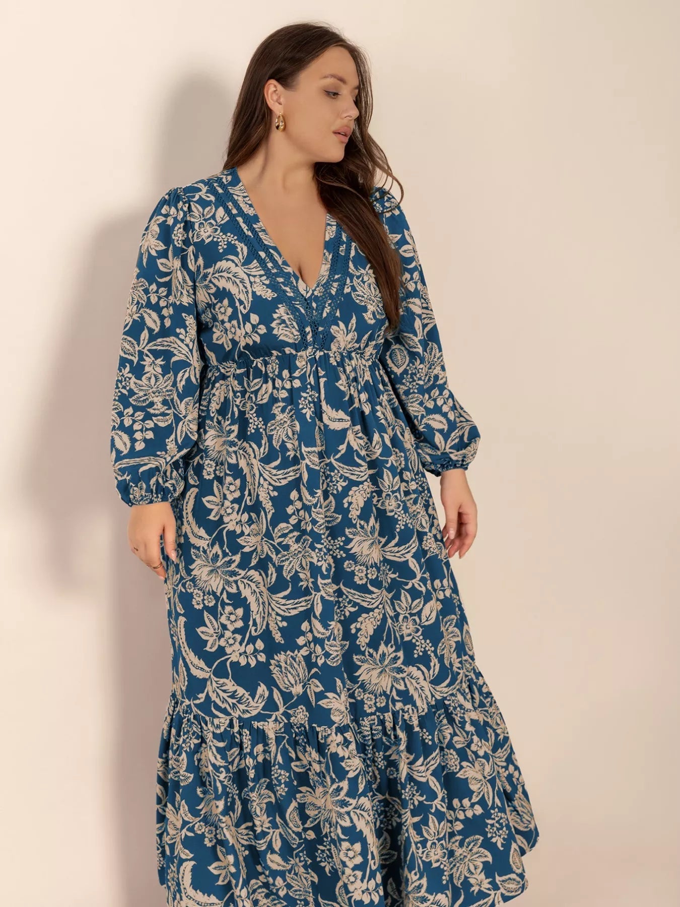 Plus Size Boho Floral Print Long Sleeve Maxi Dress 