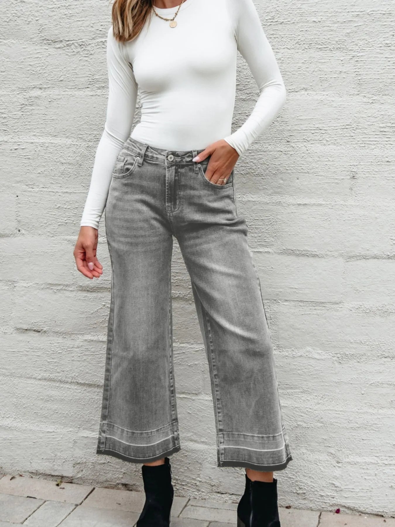 High Waist Wide Leg Washed Jeans 
