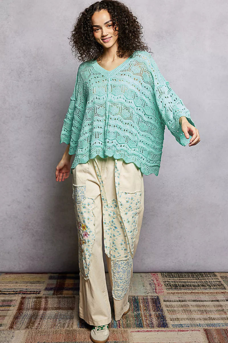 POL Drop Shoulder V-Neck Knit Top with Scalloped Hem 