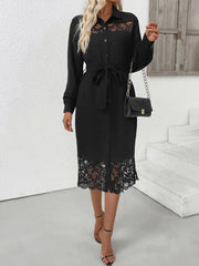 Lace Detail Button-Front Midi Shirt Dress 