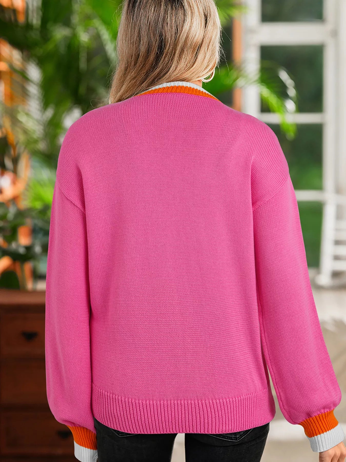 Contrast Crew Neck Pearled Decor Drop Shoulder Knit Sweater 