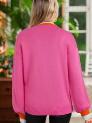 Contrast Crew Neck Pearled Decor Drop Shoulder Knit Sweater 