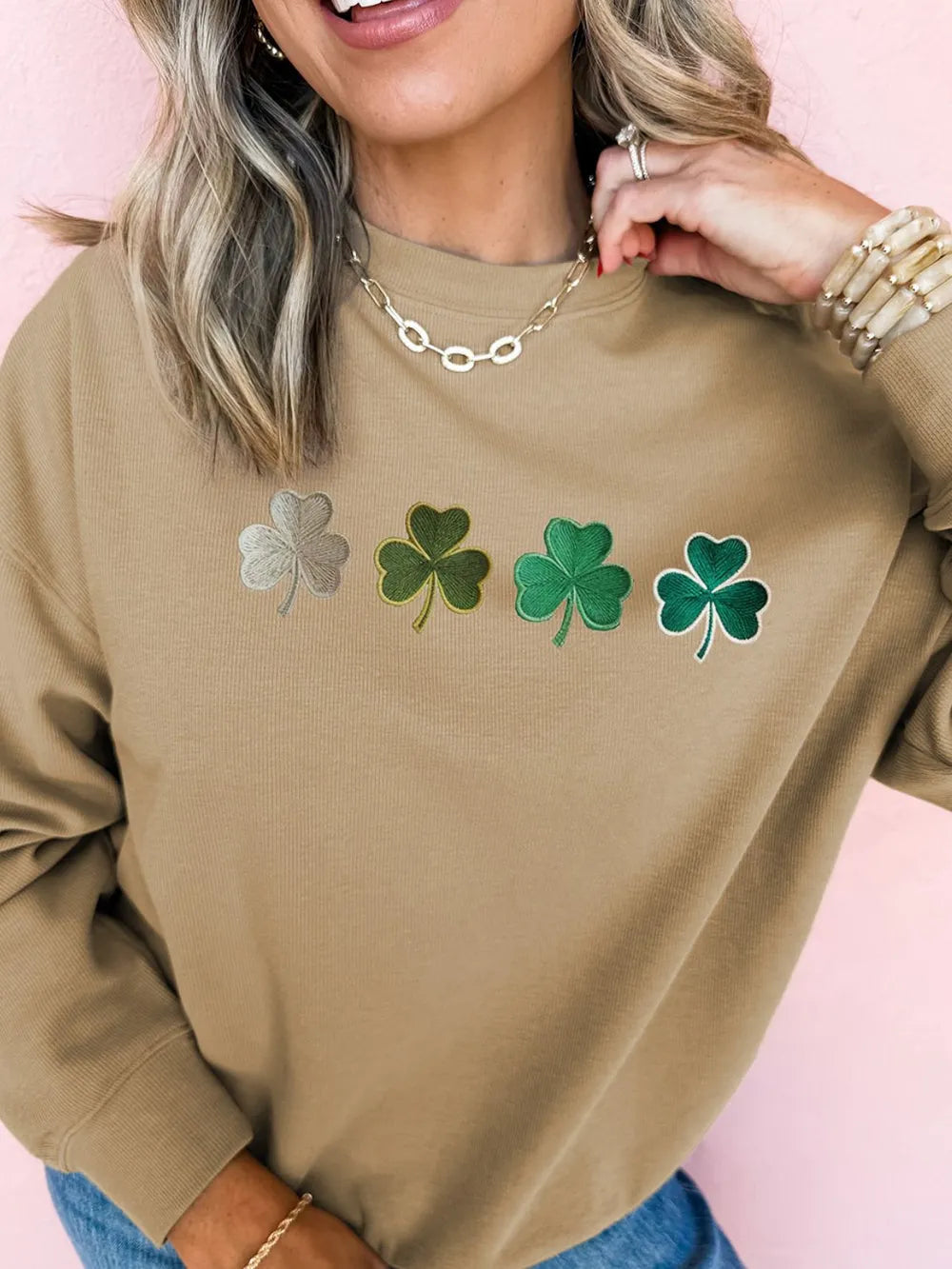 Embroidered Clover Pattern Round Neck Sweatshirt 