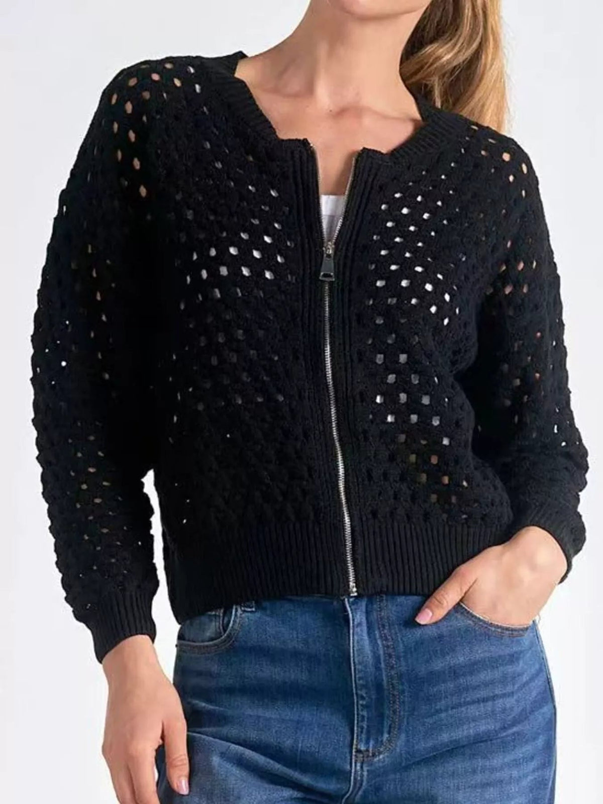 Full Size Zip Up Long Sleeve Cardigan with Eyelet Detail Plus Size 