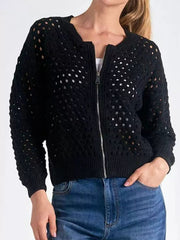 Full Size Zip Up Long Sleeve Cardigan with Eyelet Detail Plus Size 