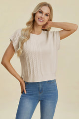 Double Take Full Size Cable-Knit Round Neck Short Sleeve Sweater 
