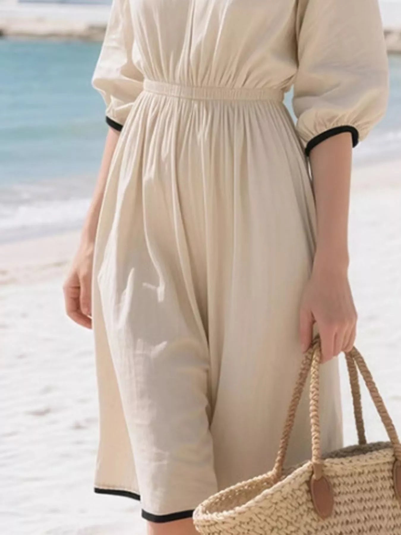 Full Size Contrast Trim V-Neck 3/4 Sleeve Dress Plus Size 