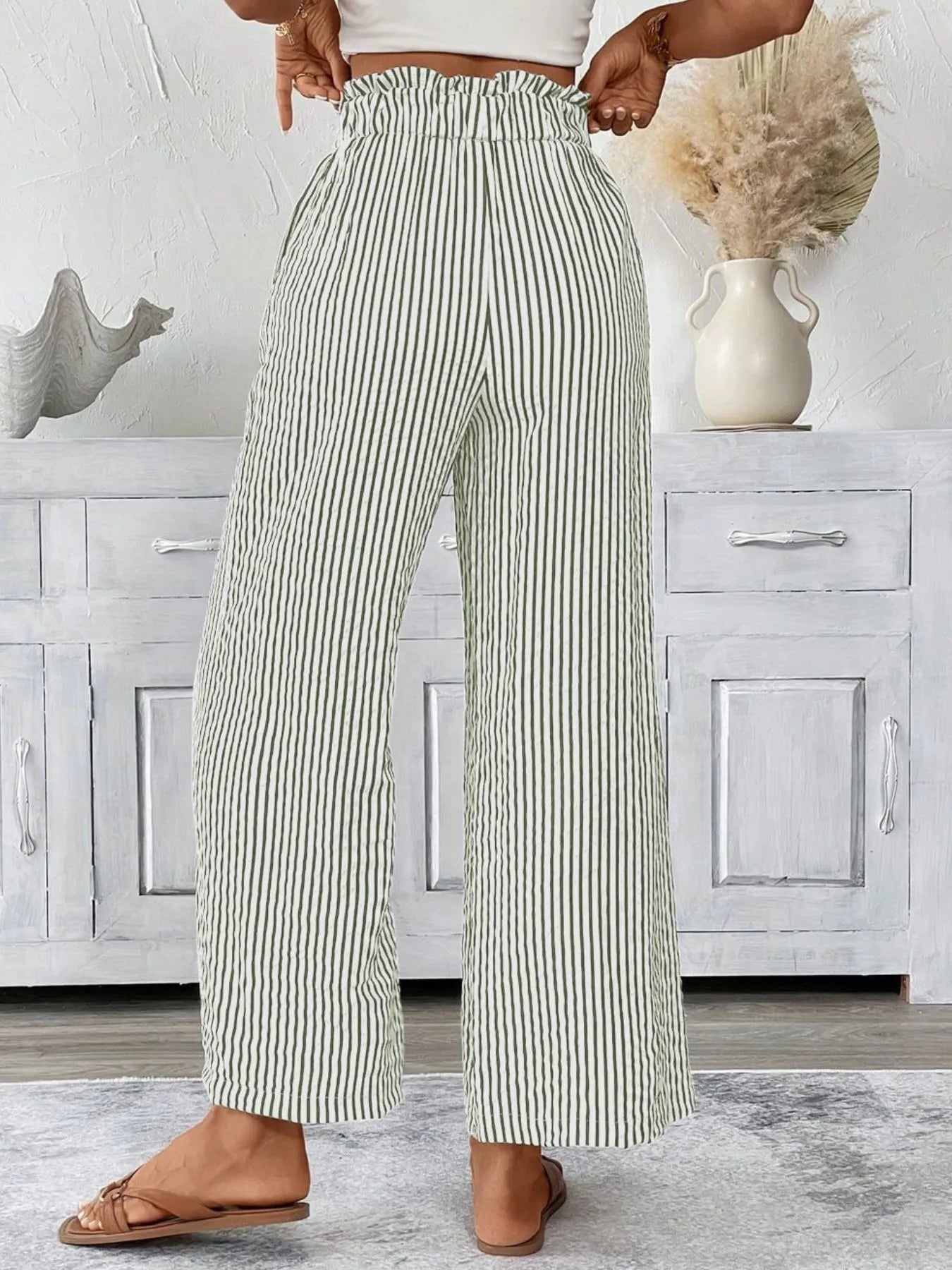 Full Size Striped Wide Leg Paper Bag Pants Plus Size 