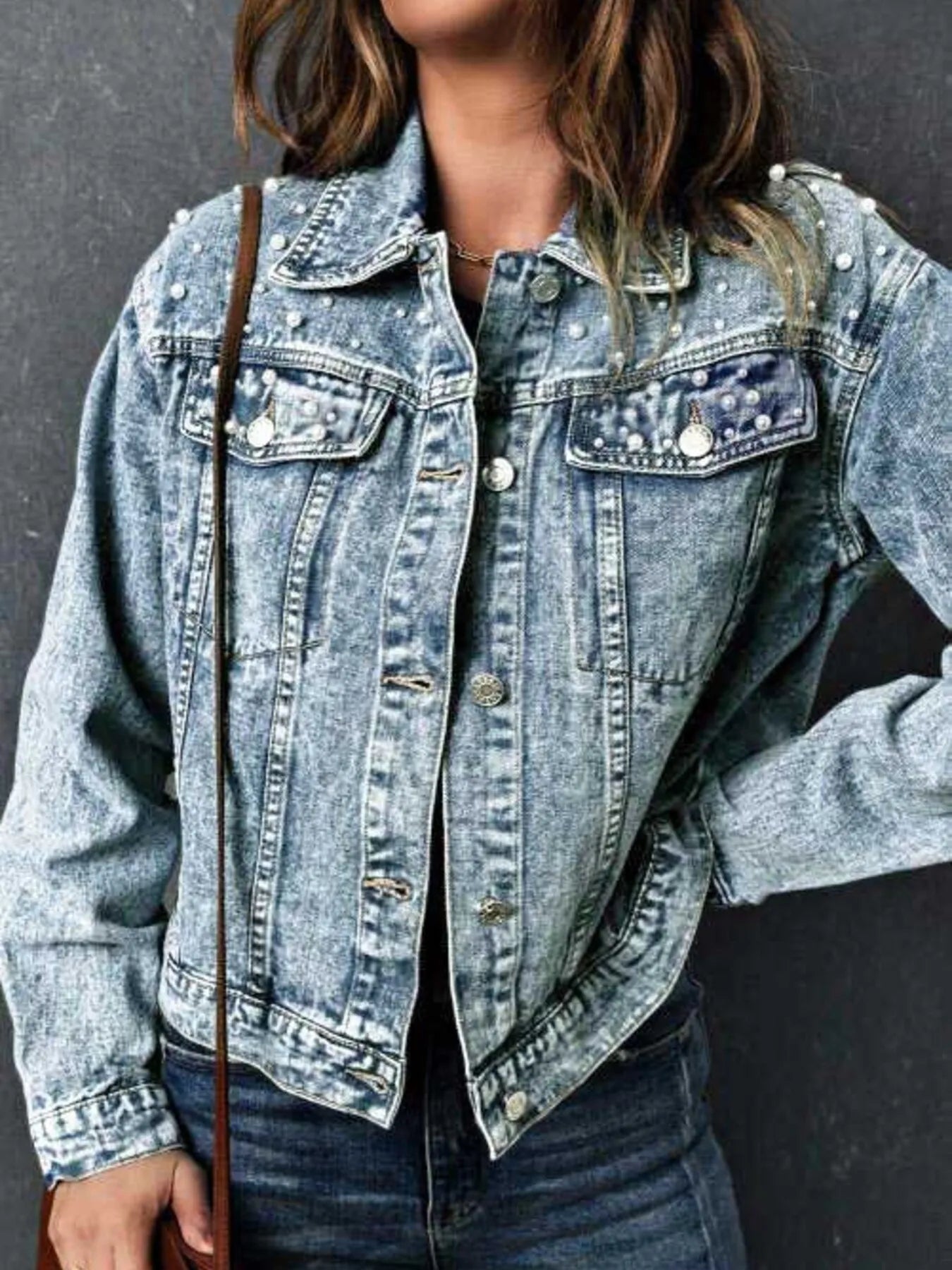 Full Size Pearl Detail Button Up Long Sleeve Denim Jacket Plus Size 